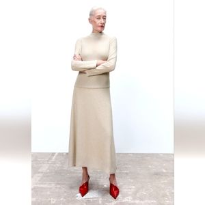 Zara shiny mock neck top & shiny swing skirt